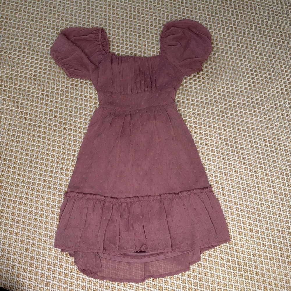 Altard State Mauve Swiss Dot Puff Sleeve Tie Back Mini Dress XS Purple Boho